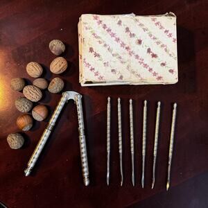 Vintage HMQ Metal Nutcracker and 6 Picks w/Original Box by H. M. Quackenbush